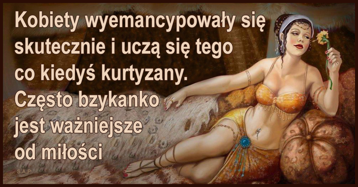 Kobiety wyemancypowały się skutecznie i uczą się tego co kiedyś kurtyzany. Bzykanko jest ważniejsze od miłości.