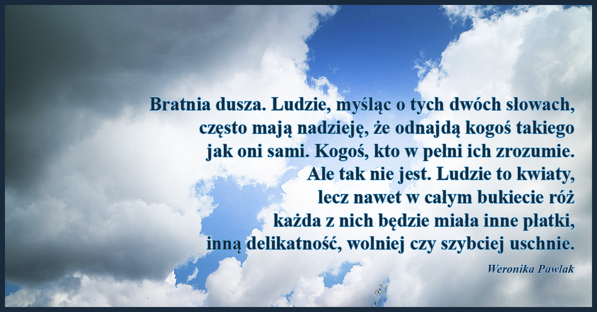 Bratnia dusza. Ludzie, myśląc o tych dwóch słowach, często mają nadzieję, że odnajdą kogoś takiego jak oni sami. Kogoś, kto w pełni ich zrozumie. Ale tak nie jest.