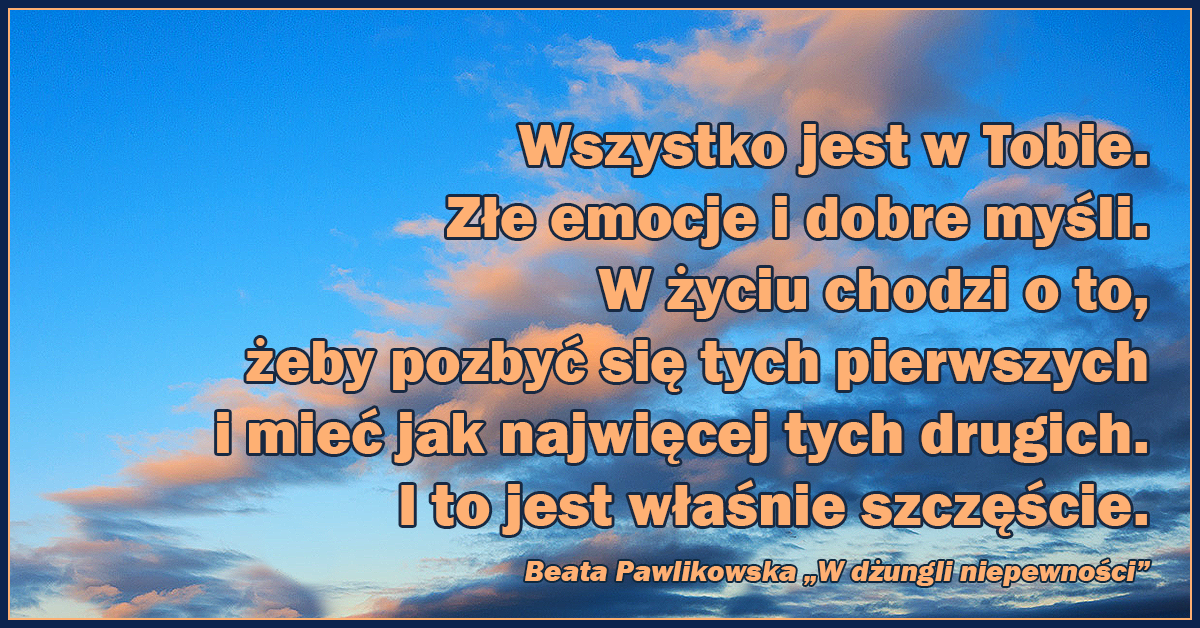 Wszystko jest w Tobie. Złe emocje i dobre myśli. W życiu chodzi o to, żeby pozbyć się tych pierwszych i mieć jak najwięcej tych drugich.