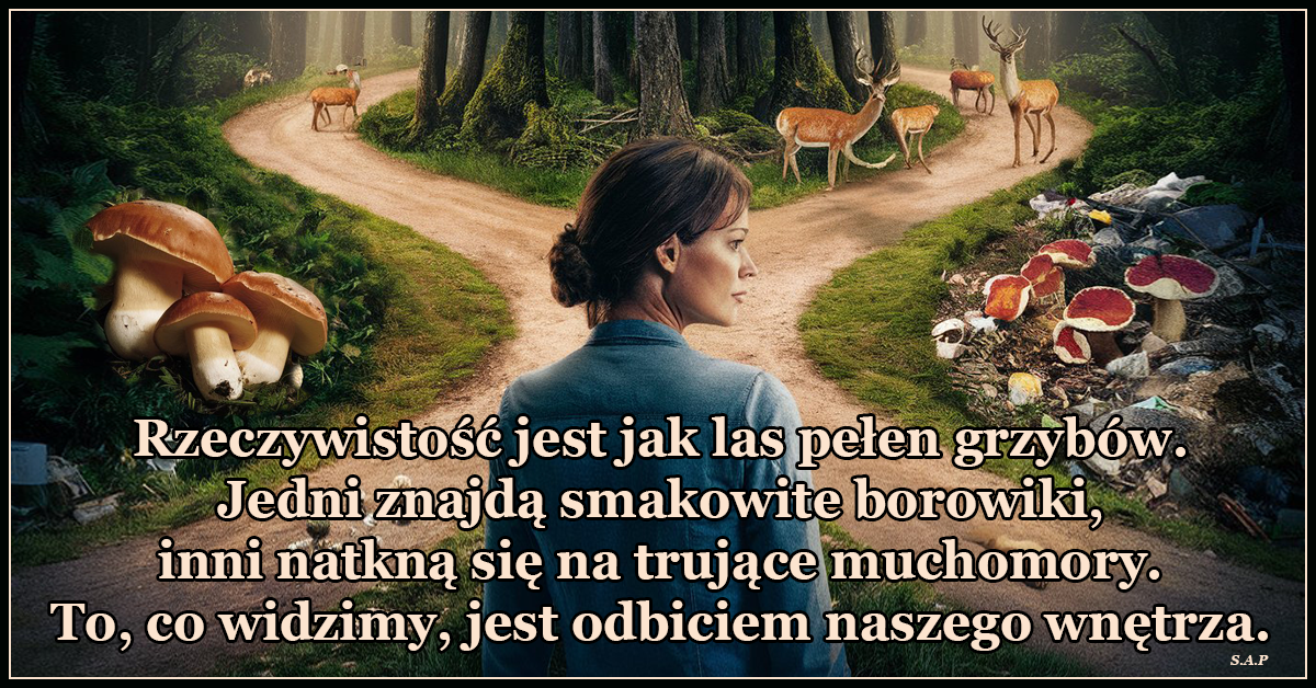 Rzeczywistość jest jak las pełen grzybów. Jedni znajdą smakowite borowiki, inni natkną się na trujące muchomory. To, co widzimy, jest odbiciem naszego wnętrza.