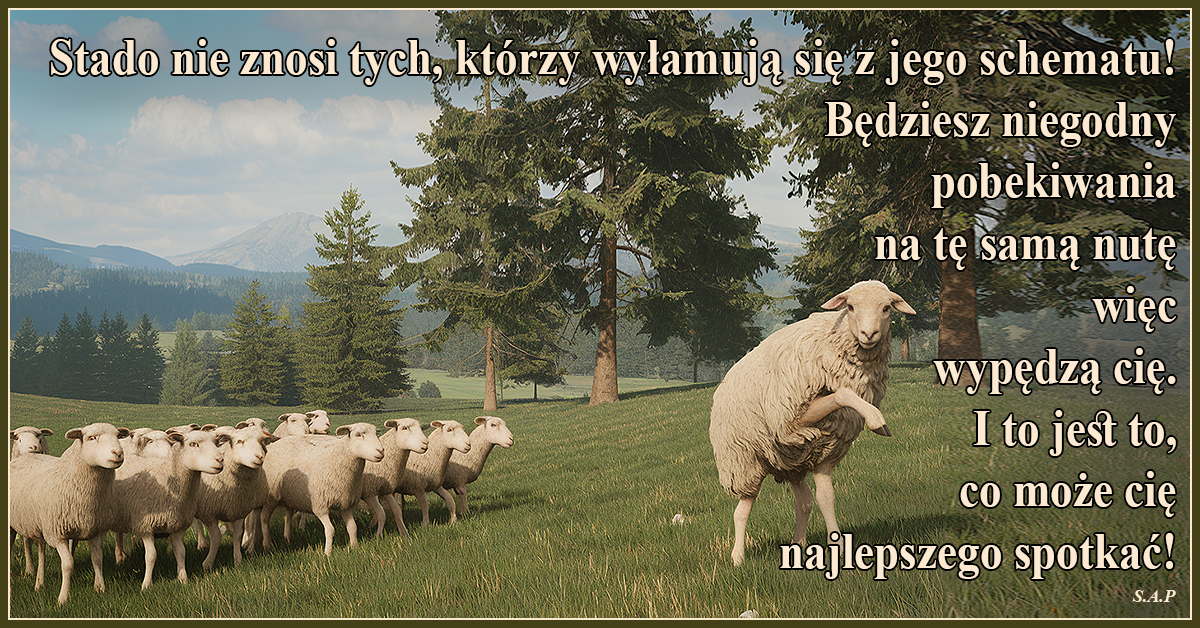 Stado nie znosi tych, którzy wyłamują się z jego schematu! Będziesz niegodny pobekiwania na tę samą nutę, więc cię wypędzą. I to jest to, co może cię najlepszego spotkać!
