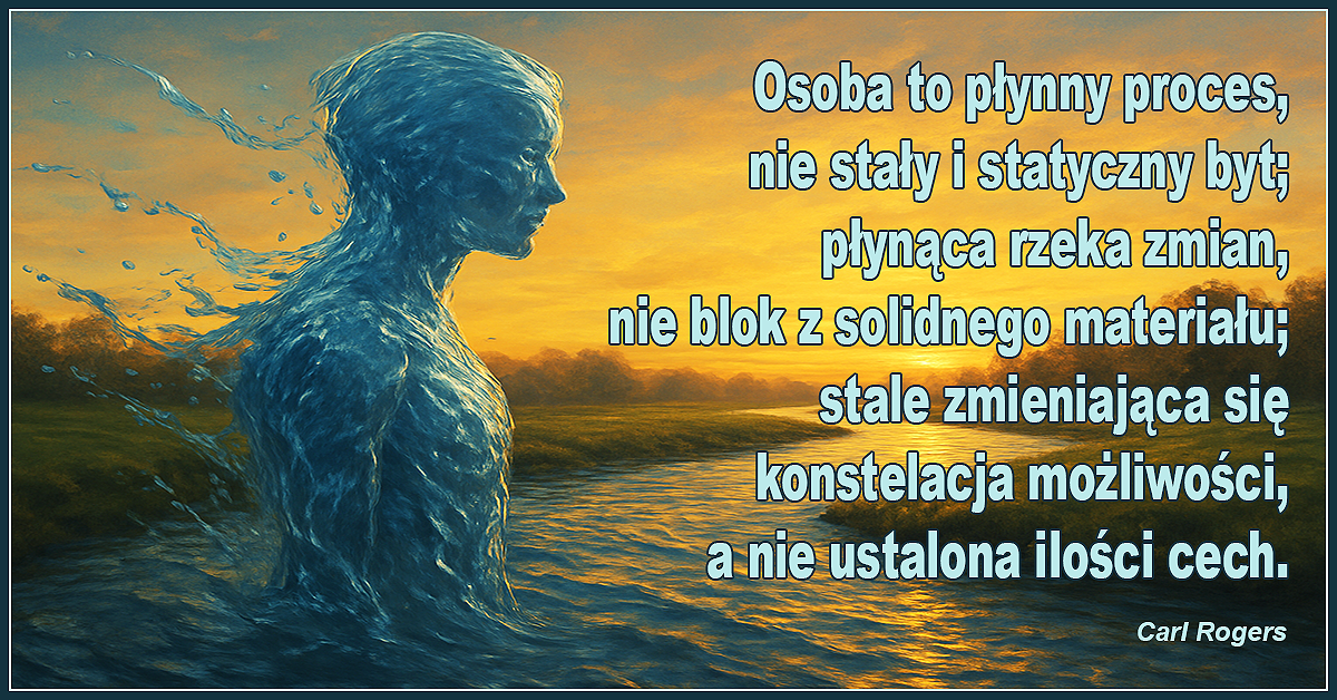 Osoba to płynny proces, nie stały i statyczny byt; płynąca rzeka zmian, nie blok z solidnego materiału; stale zmieniająca się konstelacja możliwości, a nie ustalona ilości cech – Carl Rogers.