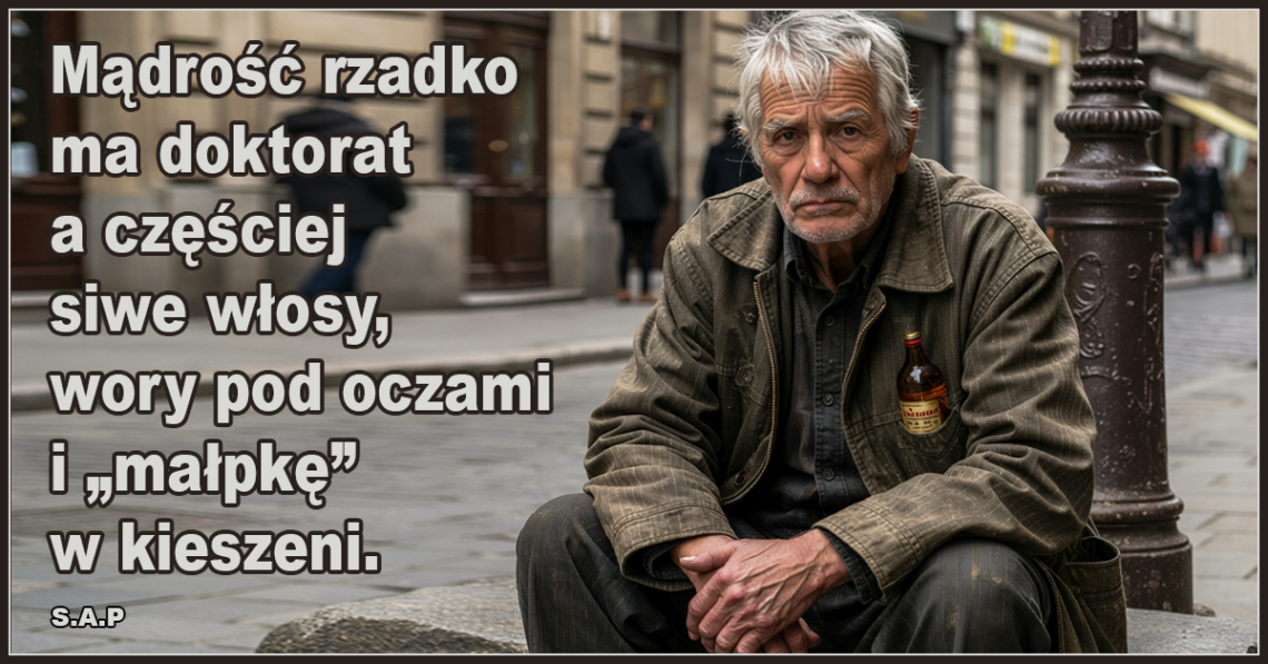 Mądrość rzadko ma doktorat a częściej siwe włosy, wory pod oczami i „małpkę” w kieszeni.