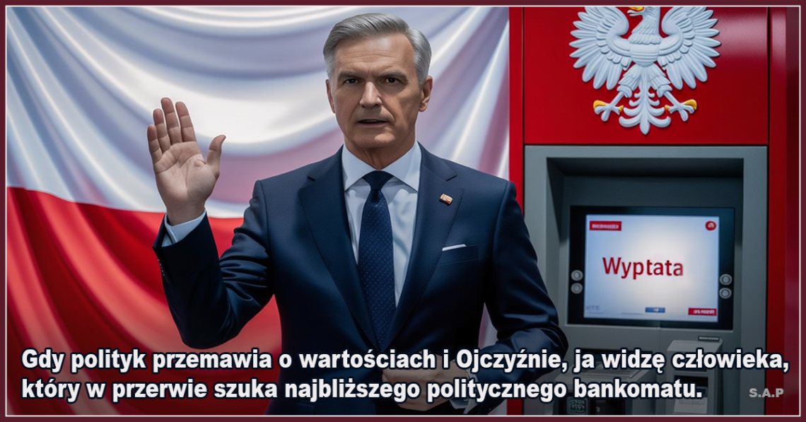 Gdy polityk przemawia o wartościach i Ojczyźnie, ja widzę człowieka, który w przerwie szuka najbliższego politycznego bankomatu - SAP