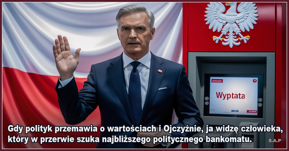 Gdy polityk przemawia o wartościach i Ojczyźnie, ja widzę człowieka, który w przerwie szuka najbliższego politycznego bankomatu - SAP